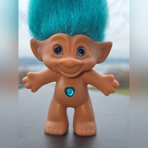 Vintage Treasure Troll Blue Heart Belly Jewel and Hair 4" Ace Novelty Troll